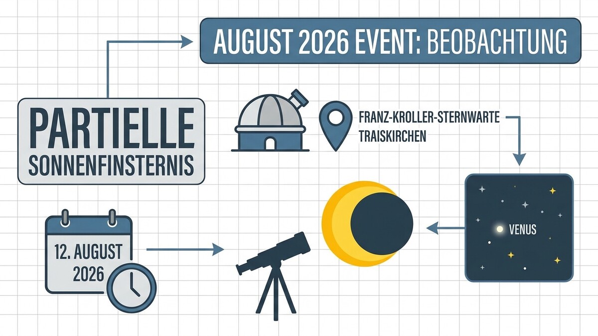 Sonnenfinsternis am 12. August 2026 in Traiskirchen beobachtet, mit Teleskop und Sternwarte