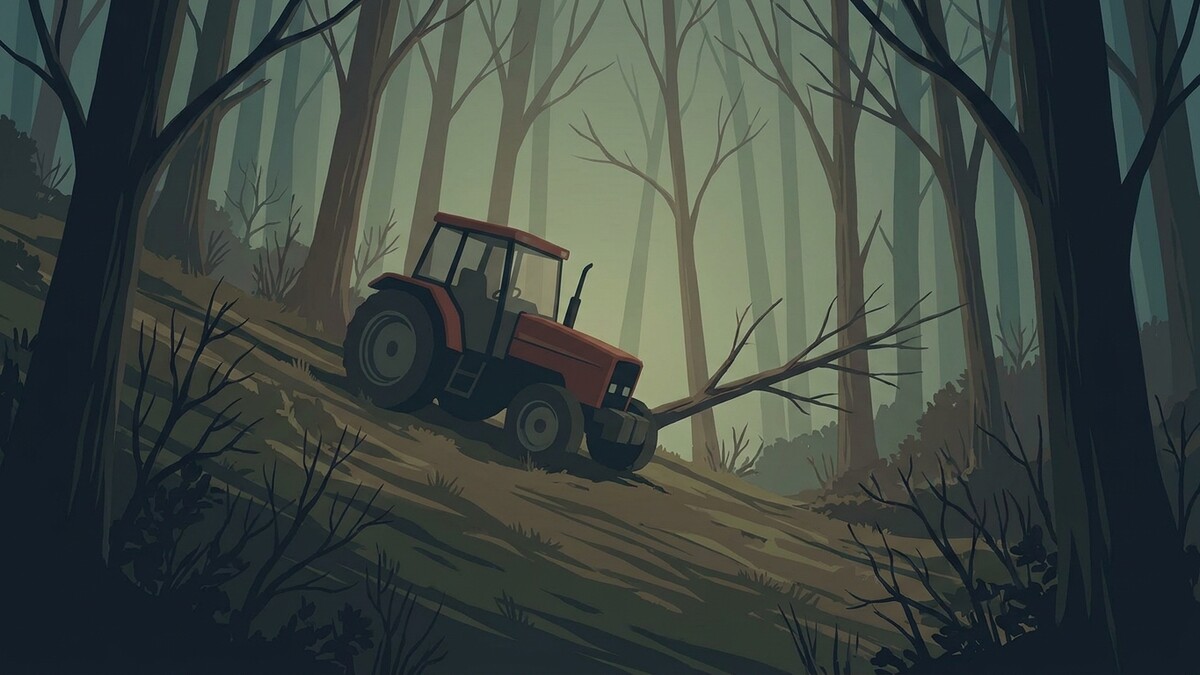Traktor im Wald auf einem Hang, ein Baumstamm liegt davor