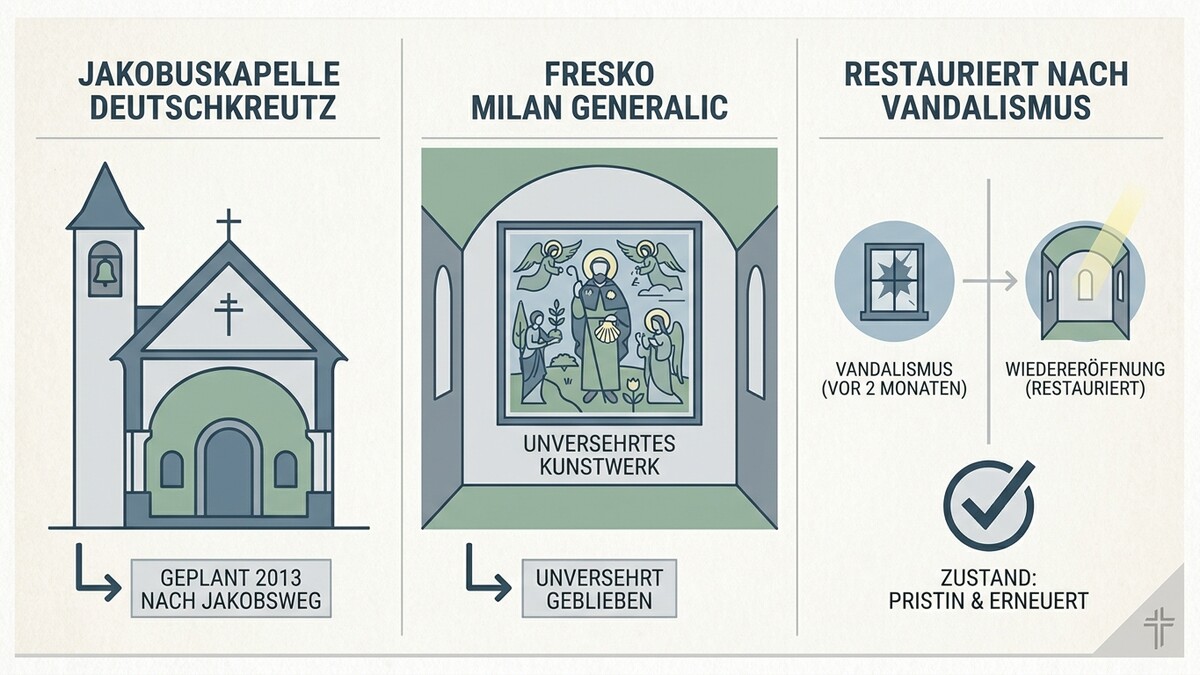 Jakobuskapelle Deutschkreutz: Darstellung der Kapelle, eines Freskos und der Restaurierung nach Vandalismus.
