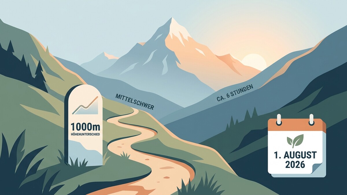 Berglandschaft mit Wanderweg, Höhenunterschied 1000m, Schwierigkeit mittelschwer, Dauer ca. 6 Stunden, Kalender 1. August 2026