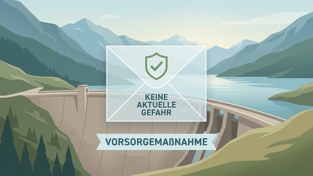 Staudamm mit Berglandschaft und See, Umschlag mit Schutzschild und Text „Keine aktuelle Gefahr“