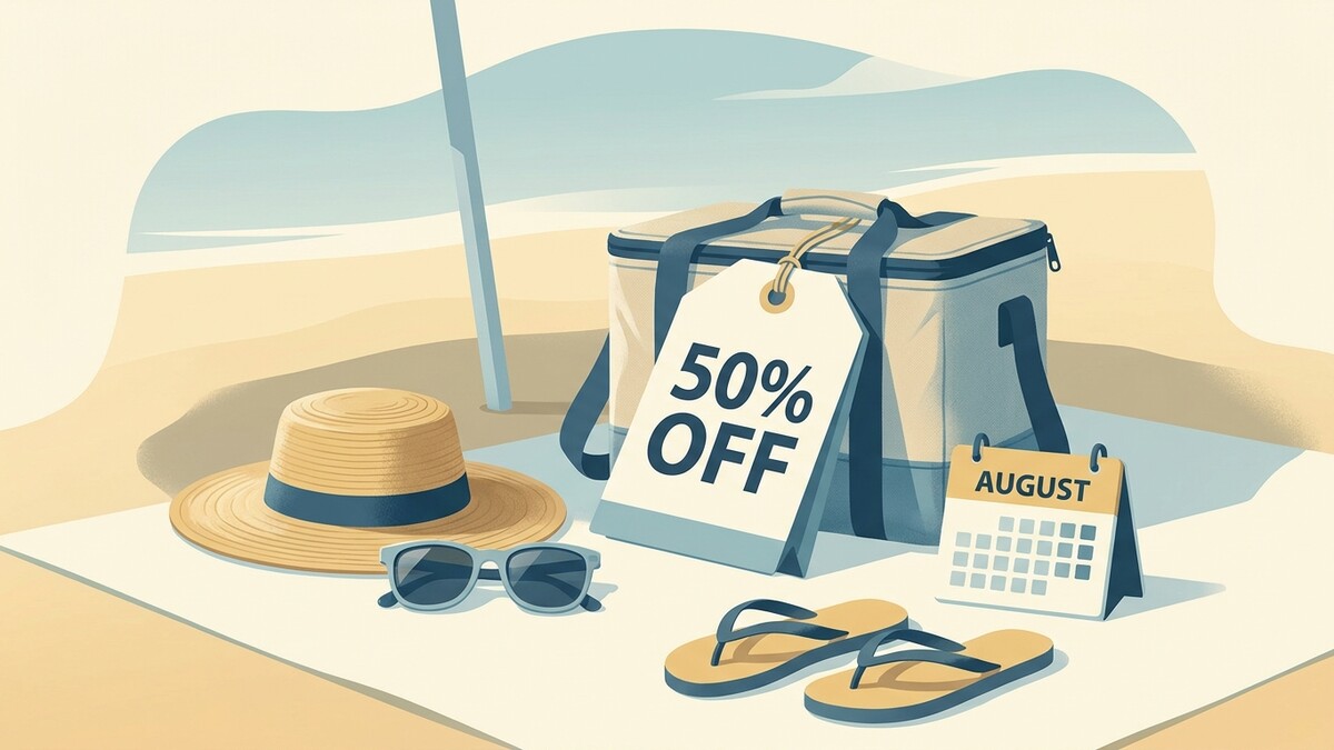 Urlaubsangebote August: Kühltasche mit 50% Rabatt-Anhänger, Hut, Sonnenbrille, Flipflops am Strand