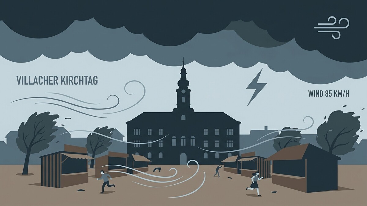 Villacher Kirchtag: Sturm mit 85 km/h fegt über den Platz, Menschen rennen.