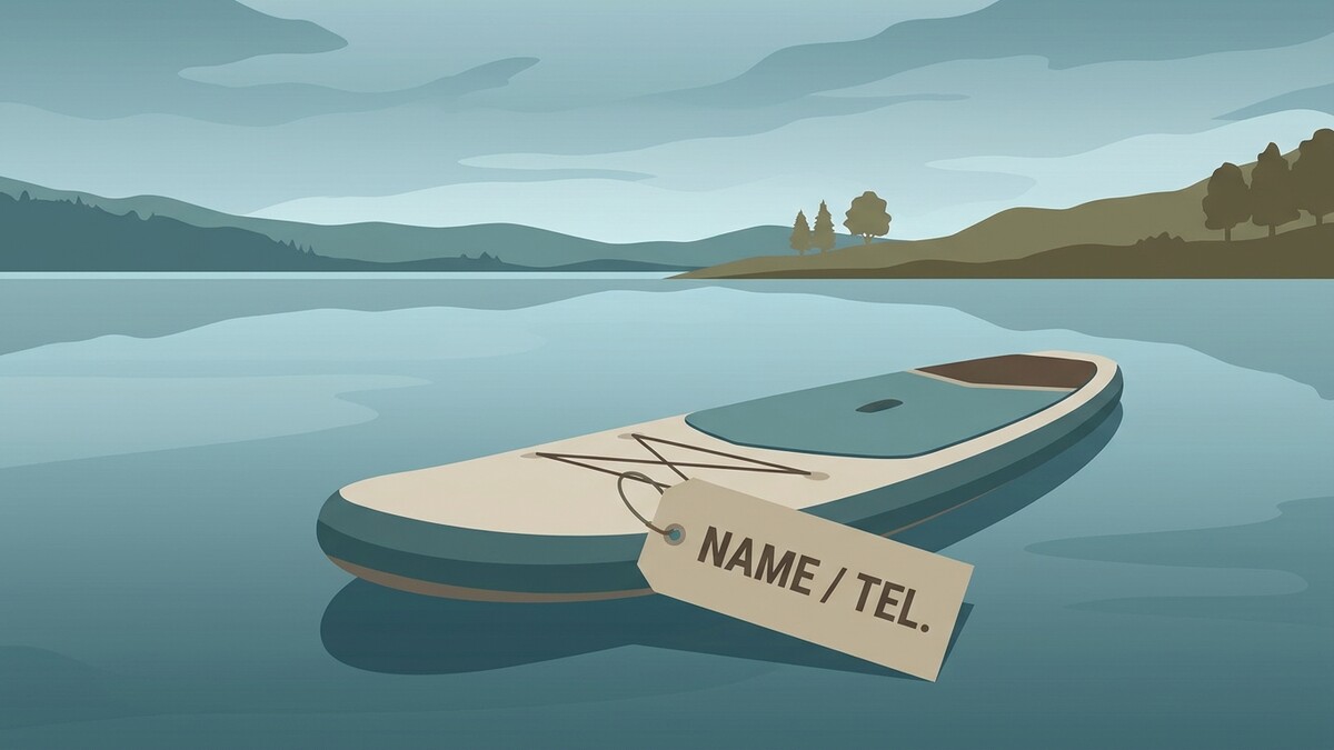 Stand-Up-Paddle-Board mit Namensschild treibt auf einem See vor Bergkulisse.