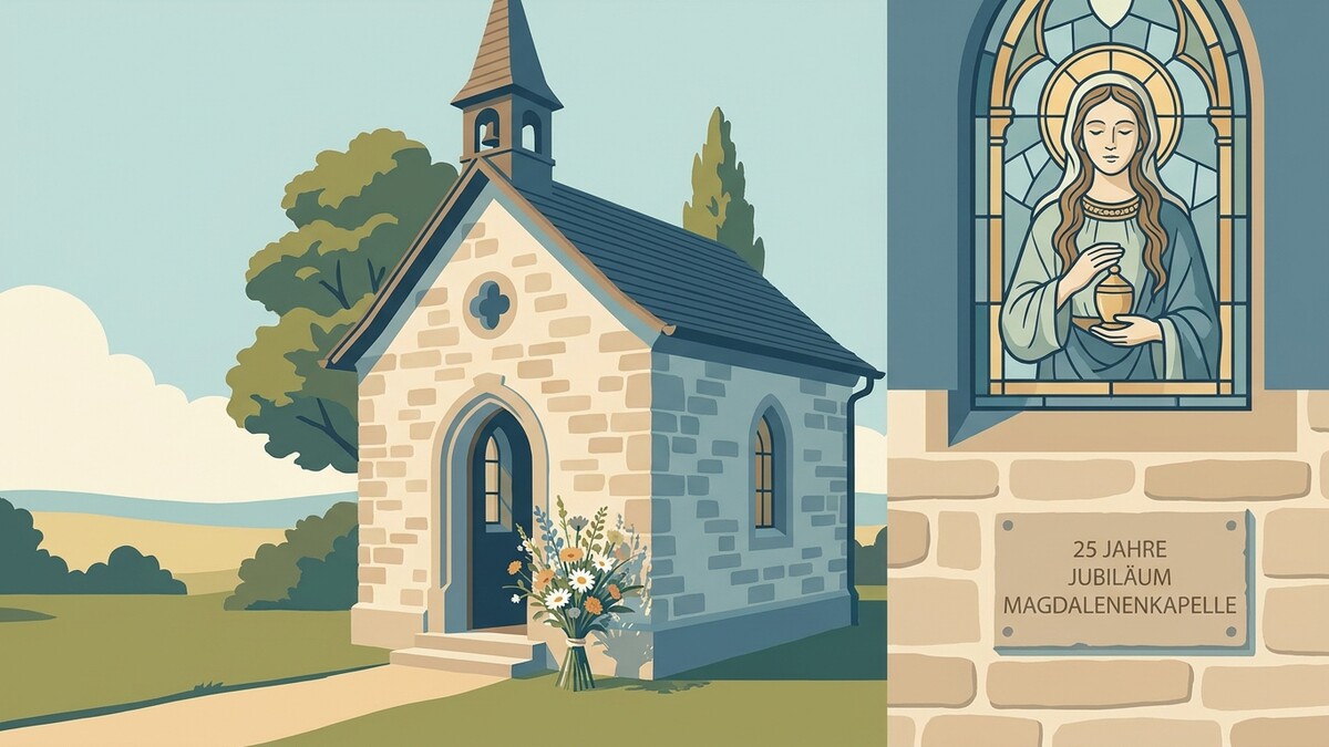Kapelle mit Blumenstrauß und Maria-Darstellung im Fenster, 25 Jahre Magdalenenkapelle