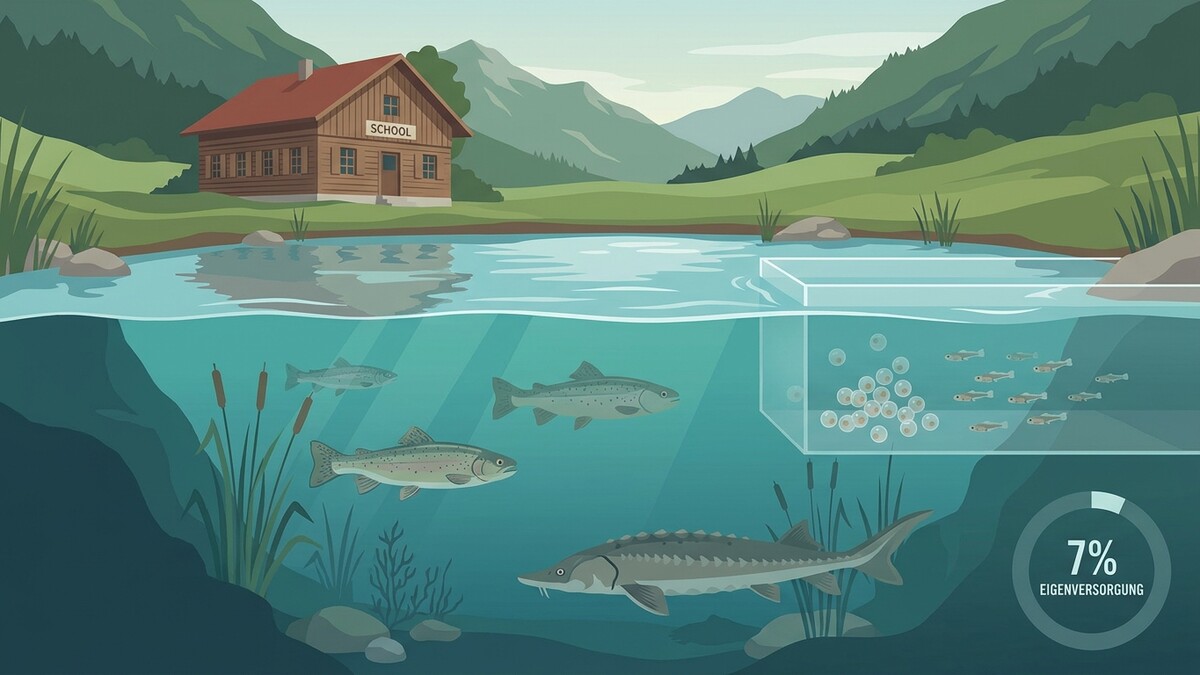 Fischaufzucht: Lachse, Stör und Eier in einem Teich bei einer Schule