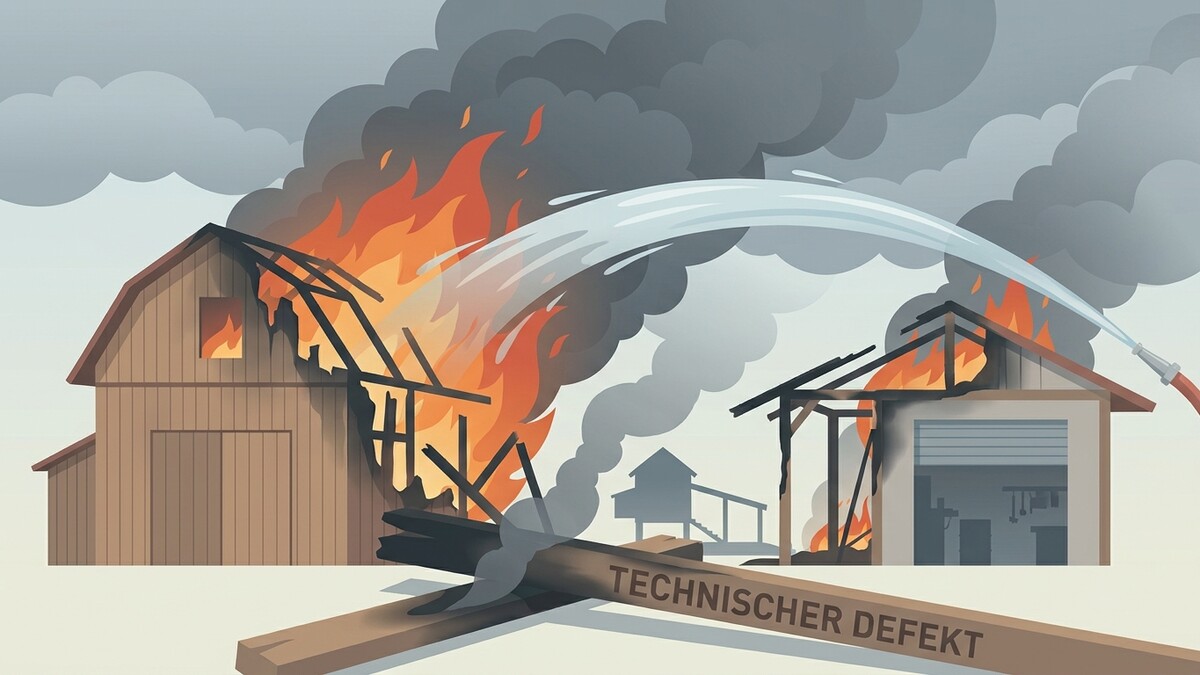 Brandgefahr: Feuerwehreinsatz bei brennenden Gebäuden mit Wasserstrahl, Rauch und der Aufschrift „TECHNISCHER DEFEKT“