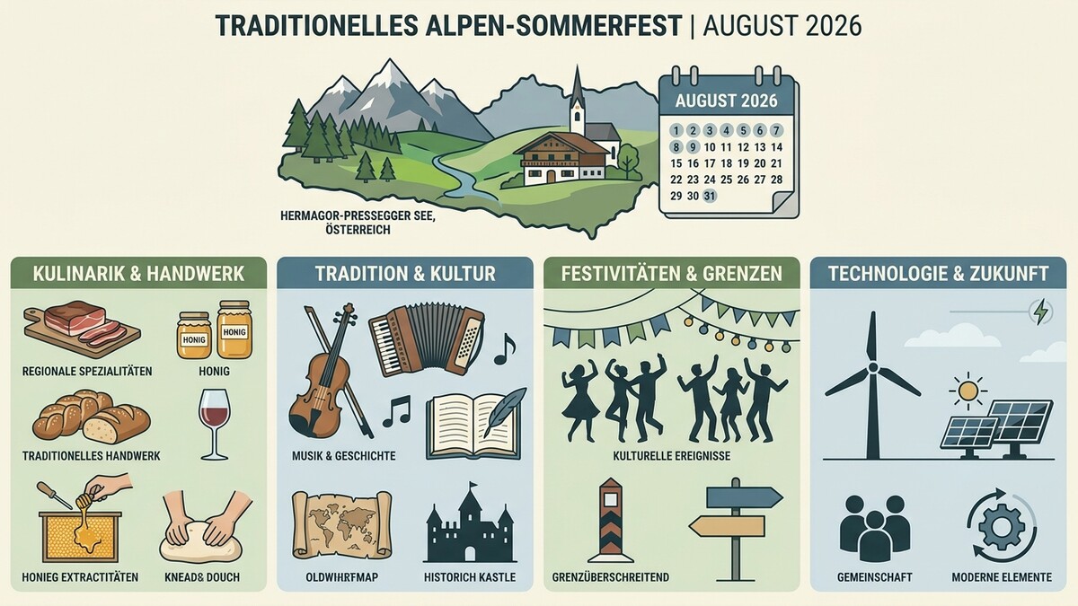 Alpen-Sommerfest in Österreich mit Kalender, Kulinarik, Tradition, Festivitäten und Technologie-Symbolen