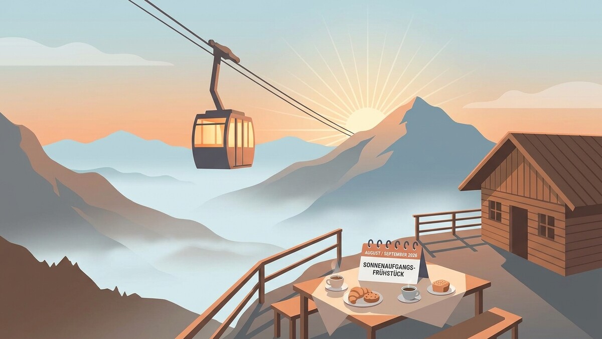 Seilbahn über Bergen bei Sonnenaufgang mit Frühstückstisch und Hütte