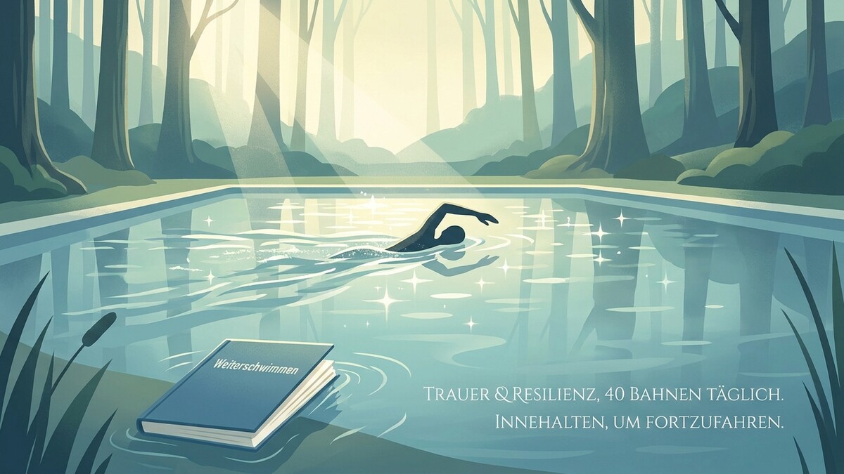 Schwimmer im Waldsee mit Buch "Weiterschwimmen" auf dem Wasser
