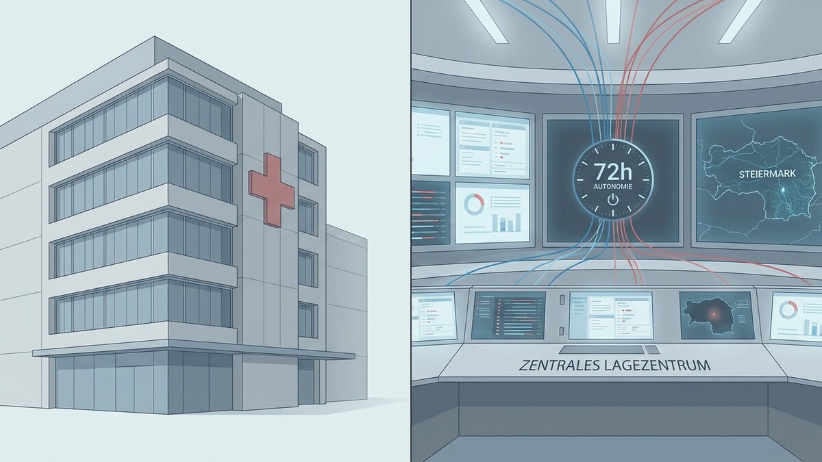 Krankenhaus mit rotem Kreuz und zentrales Lagezentrum mit Monitoren und Karte der Steiermark