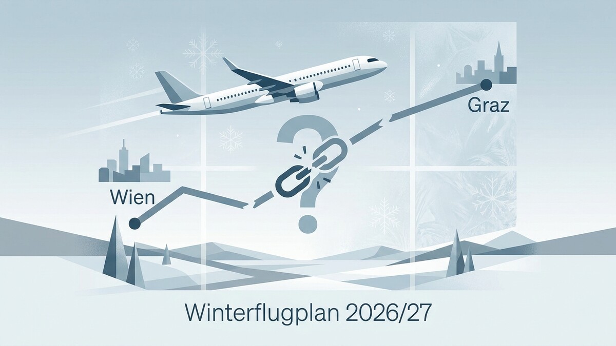 Winterflugplan 2026/27: Flugzeug zwischen Wien und Graz mit Fragezeichen und Kettenglied.