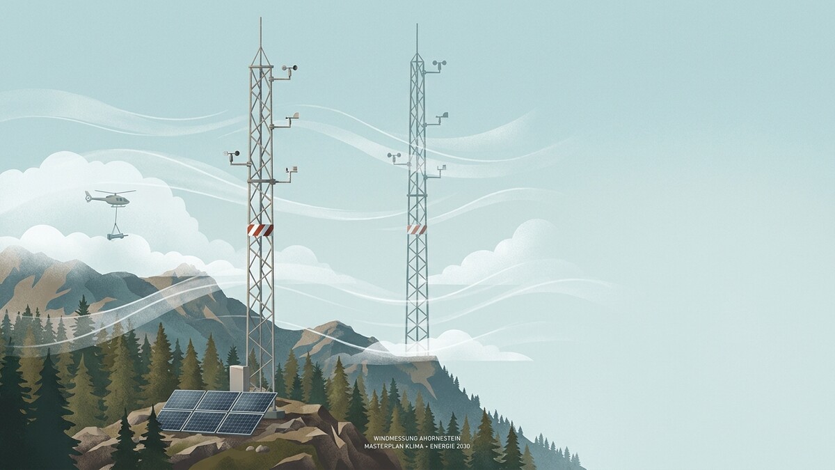 Windmessung Ahornstein: Zwei Türme mit Messgeräten, Solarpaneele, ein Helikopter und Berge