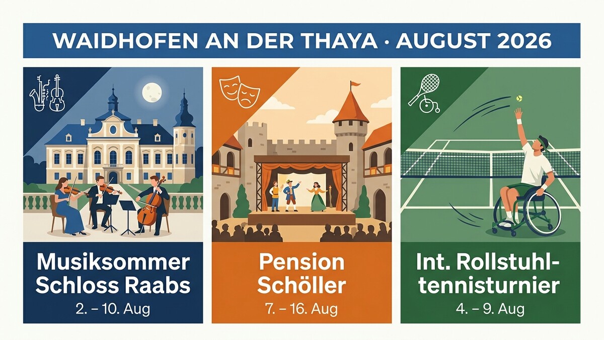 Waidhofen an der Thaya August 2026: Musiksommer Schloss Raabs, Pension Schöller, Int. Rollstuhl-Tennisturnier
