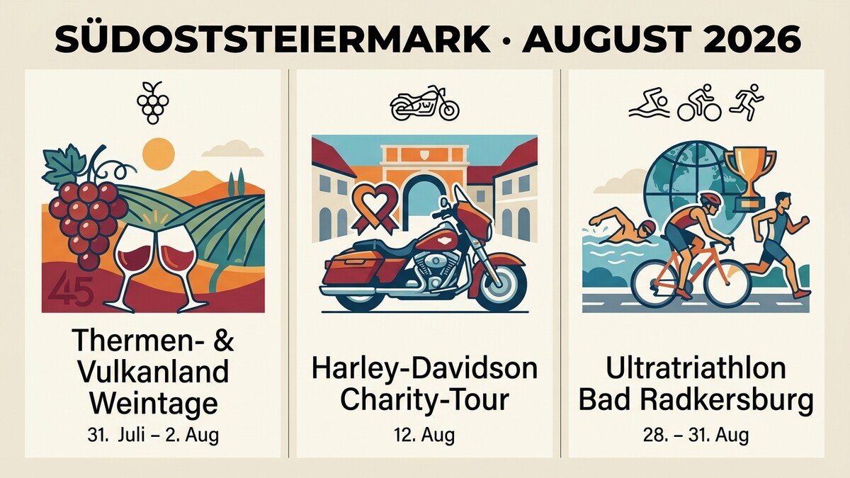 Südoststeiermark August 2026: Weintage, Harley-Davidson Tour, Ultratriathlon Bad Radkersburg