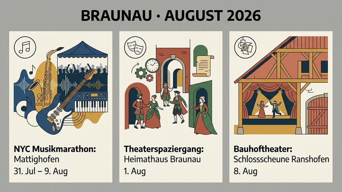 Braunau August 2026: Musikmarathon Mattighofen, Theaterspaziergang Heimathaus, und Bautheater Schlossscheune Ranshofen