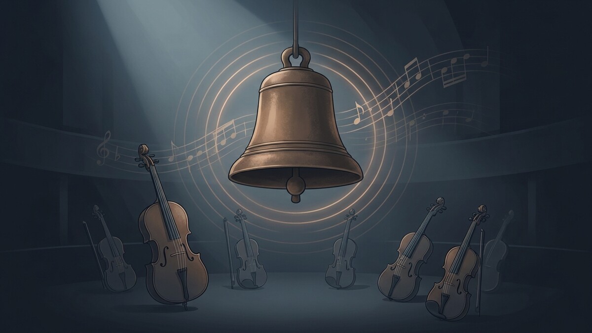 Glocke und Violinen im Scheinwerferlicht mit Noten