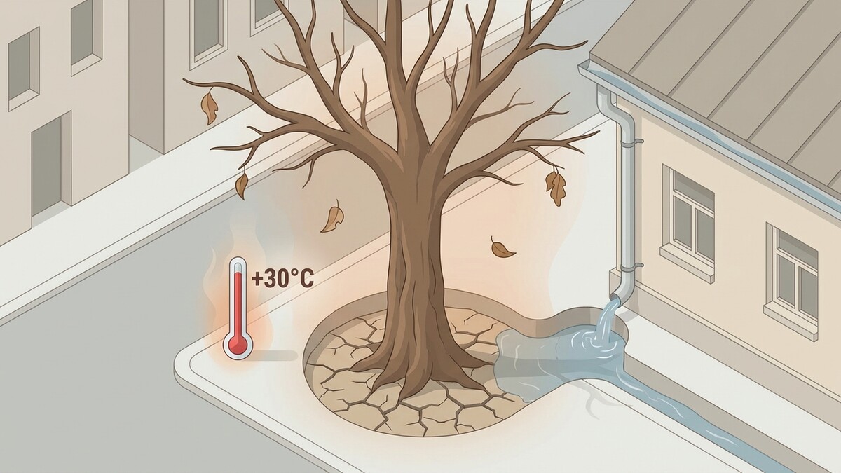 Städtischer Baum mit trockener Erde, Thermometer zeigt +30°C, Wasser fließt aus Regenrinne