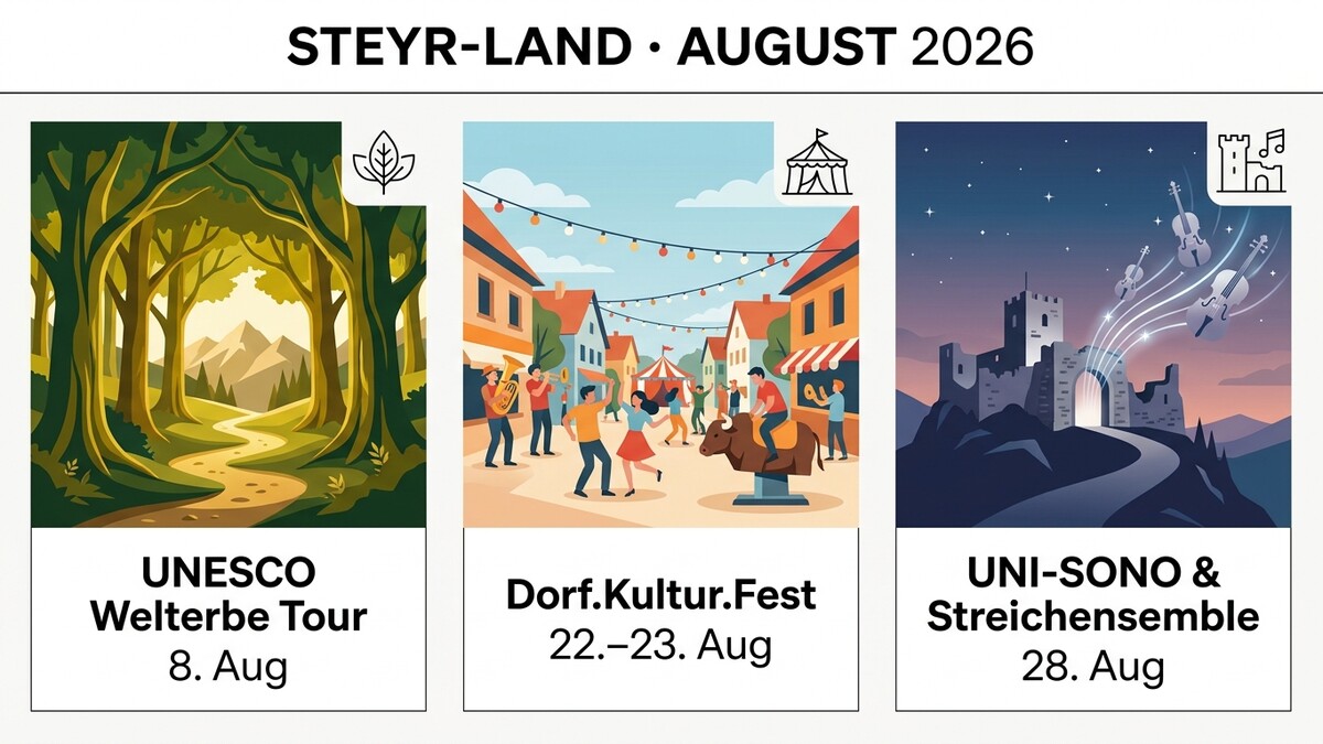Steyr-Land August 2026: Waldweg zur UNESCO Welterbetour, Dorf.Kultur.Fest mit Musik und Rodeo, UNI-SONO & Streichensemble bei Burg