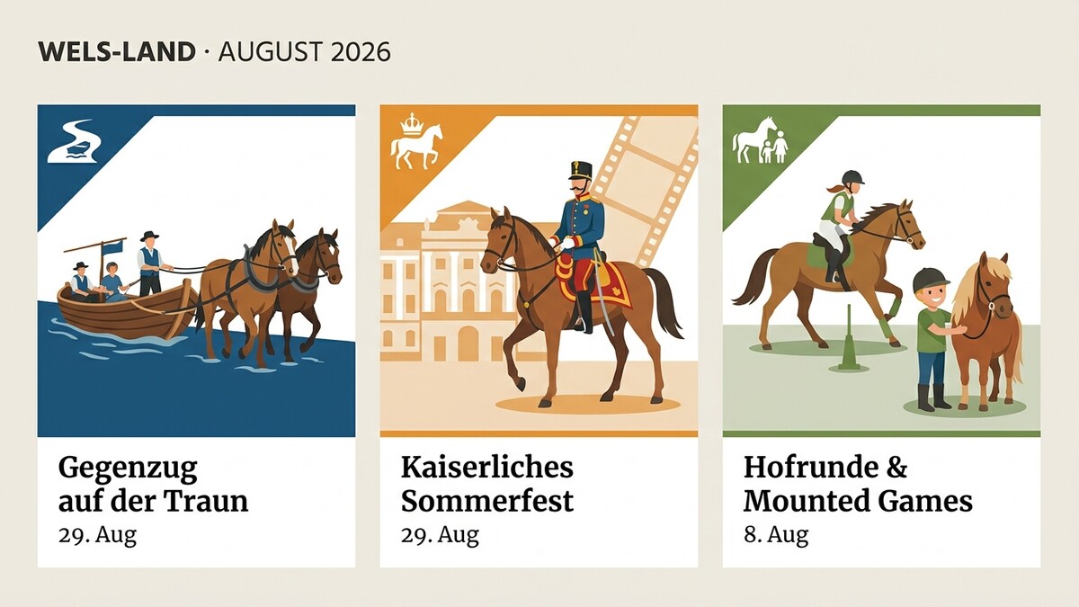 Kaiserliches Sommerfest in Wels-Land mit Reiter in Uniform und Schlosskulisse.