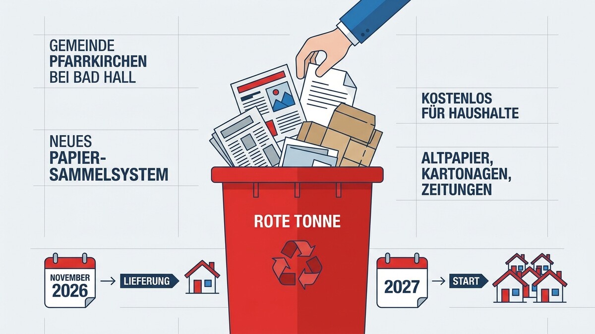 Gemeinde Pfarrkirchen bei Bad Hall: Neues Papiersammelsystem mit roter Tonne für Altpapier, Kartonagen und Zeitungen.