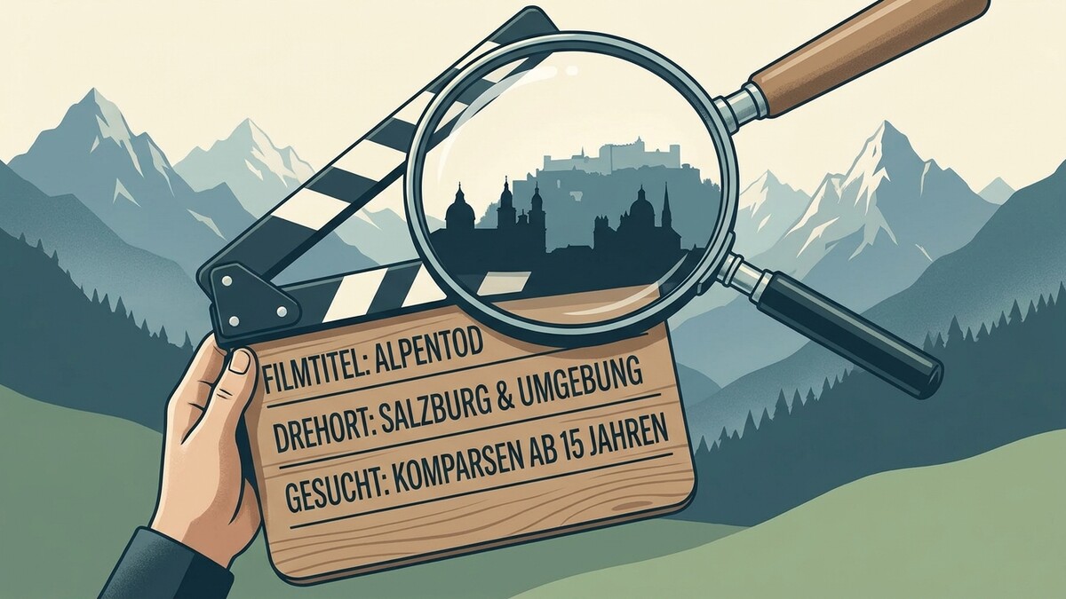 Film-Clapperboard mit Lupe vor Salzburger Bergkulisse, Drehort Salzburg & Umgebung
