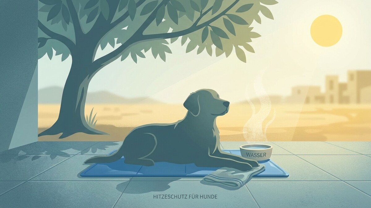 Hund im Schatten unter Baum mit Wasserschale und Handtuch bei Hitze