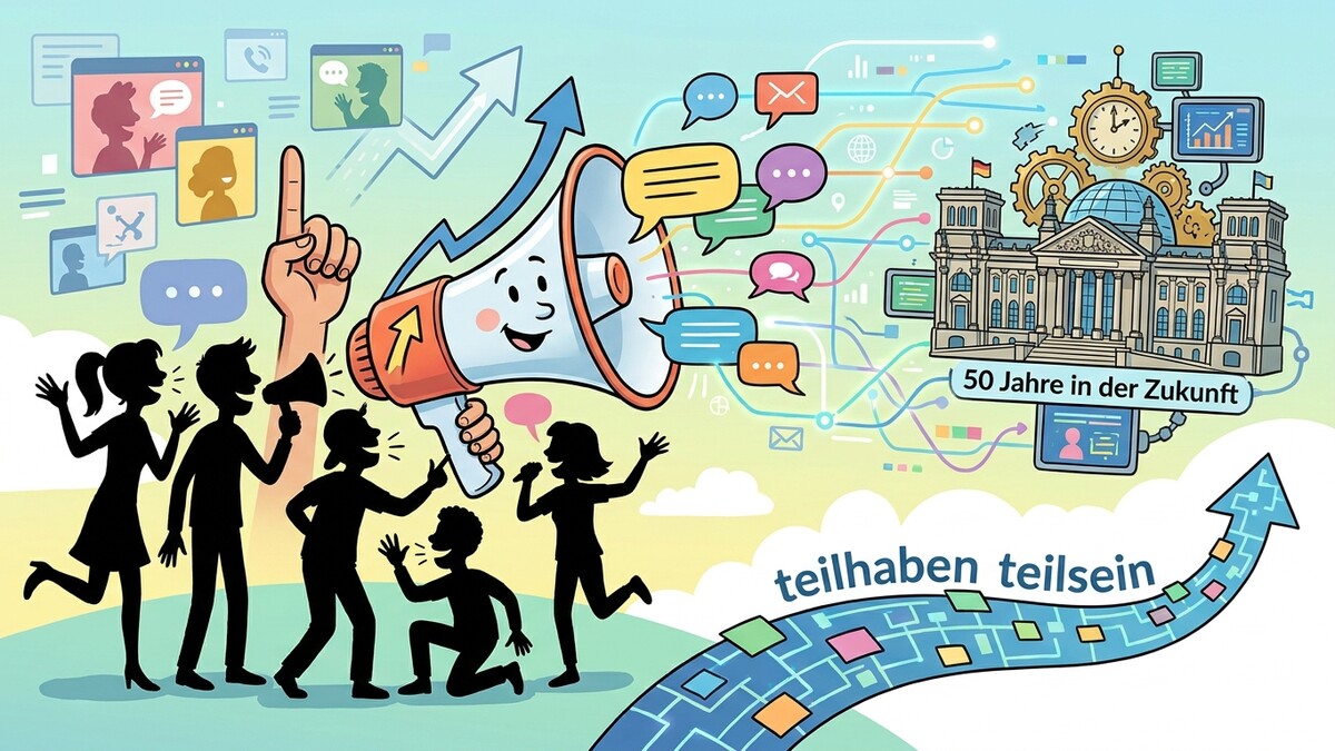 Illustration einer Gruppe von Menschen, die mit Megafonen und Sprechblasen kommunizieren, vor dem Reichstagsgebäude in Berlin, 50 Jahre in der Zukunft.