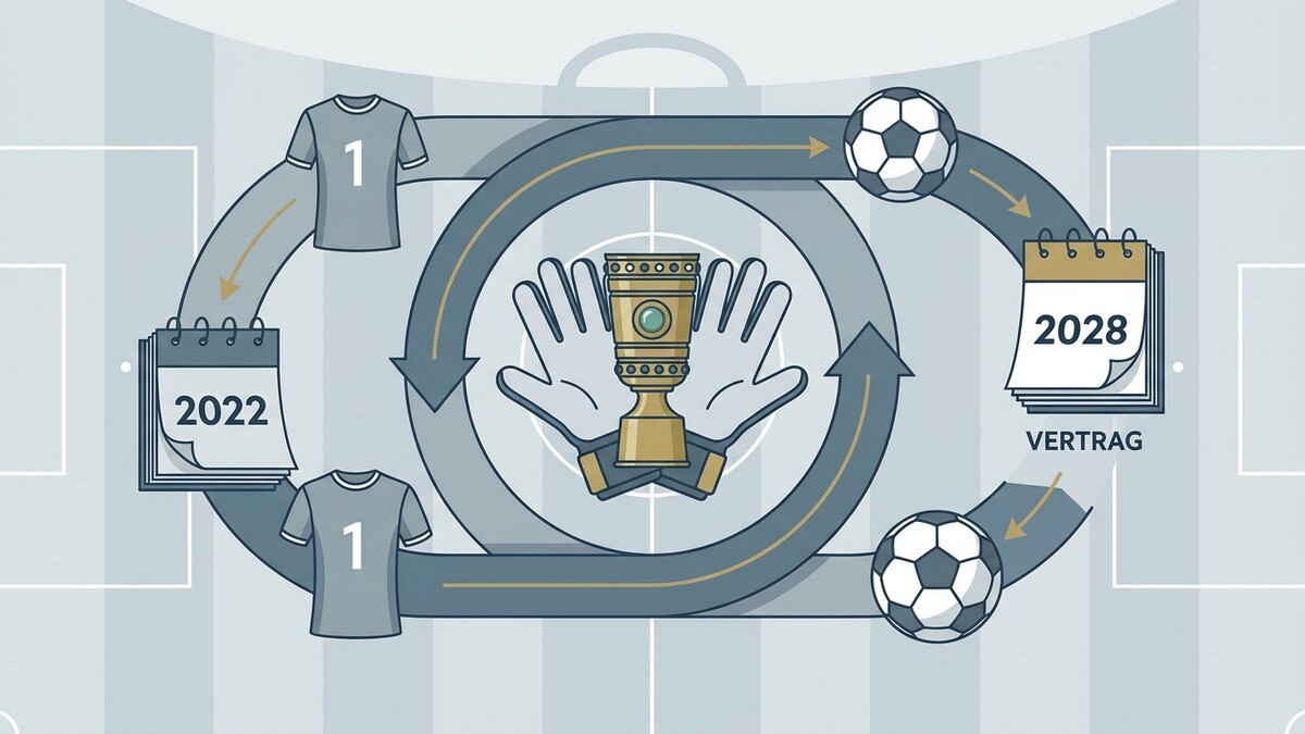 Fußball-Pokal mit Torwarthandschuhen, Trikots, Fußbällen und Kalendern 2022, 2028 und Vertrag