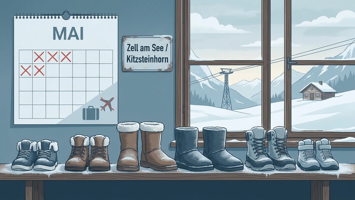 Zell am See Kitzsteinhorn: Kalender mit Mai und durchgestrichenen Tagen, Schneeschuh-Paare, Hütte und Seilbahn in verschneiter Berglandschaft.