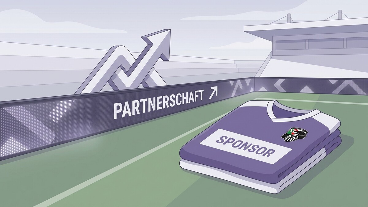 Fußballtrikot mit "SPONSOR" und "PARTNERSCHAFT"-Anzeige im Stadion