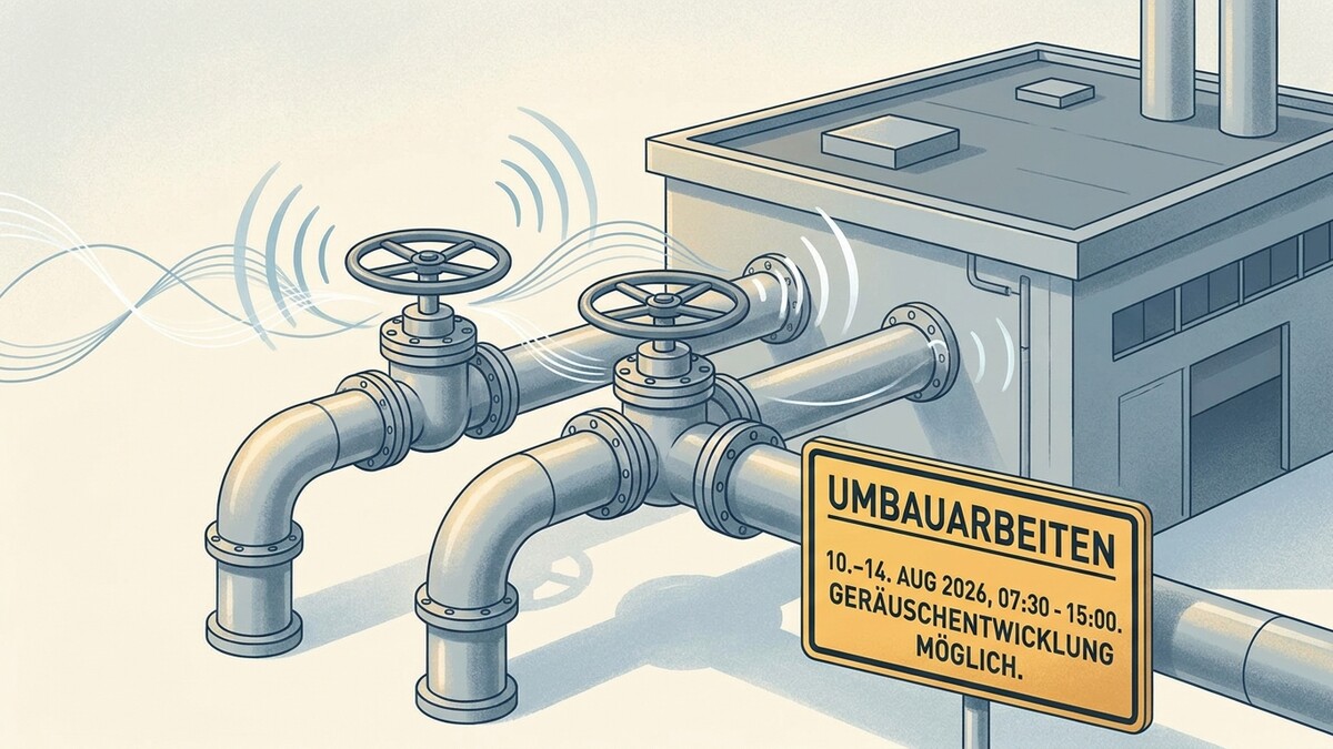 Industrieanlage mit Rohren und Ventilen, Umbauarbeiten mit Geräuschentwicklung möglich.