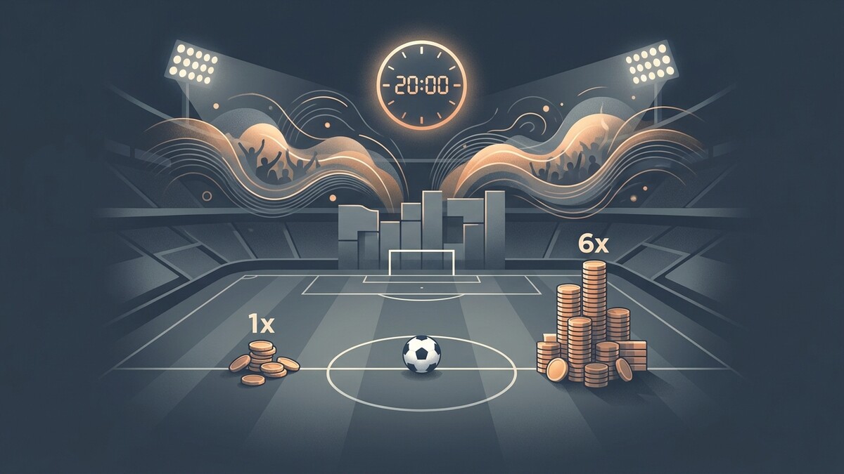 Fußballstadion mit Uhr 20:00, Ball, Münzstapel und Jubel