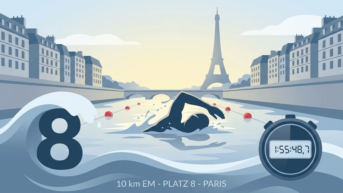 Schwimmerin bei 10 km EM in Paris, Platz 8, mit Eiffelturm und Stoppuhr
