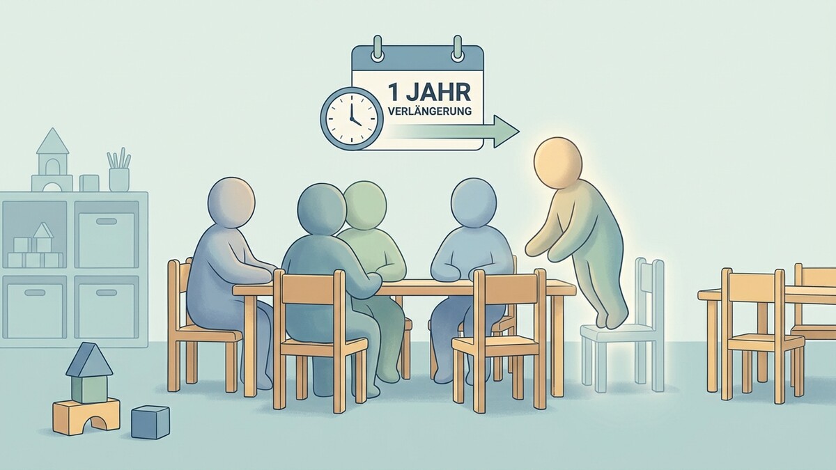 1 Jahr Verlängerung: Gruppe sitzt am Tisch, eine Person steht auf.