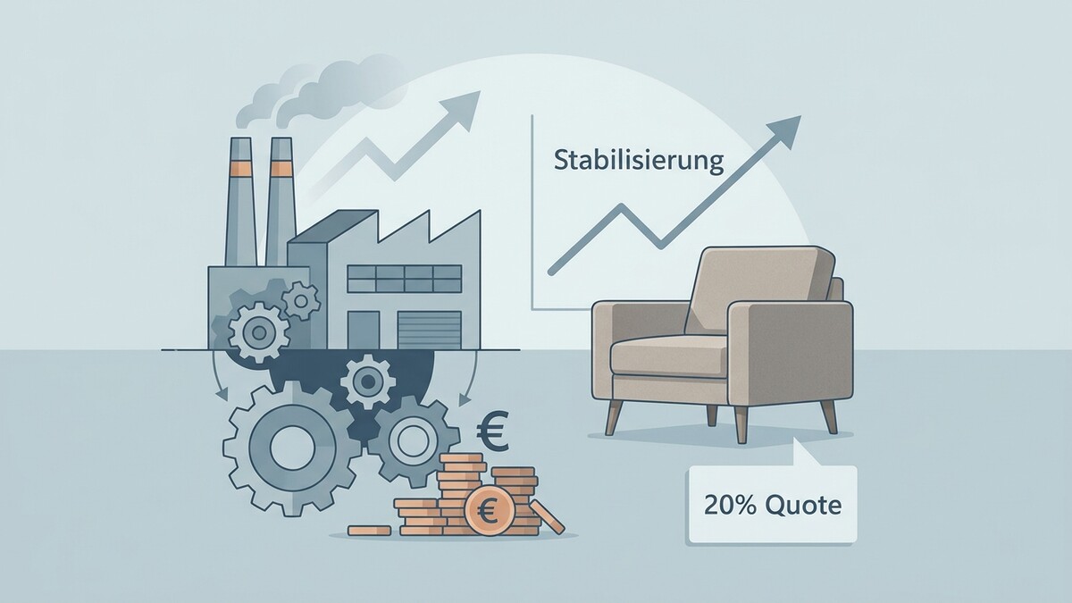 Industrieanlage mit Zahnrädern, Euro-Münzen und Sessel mit "20% Quote" Sprechblase