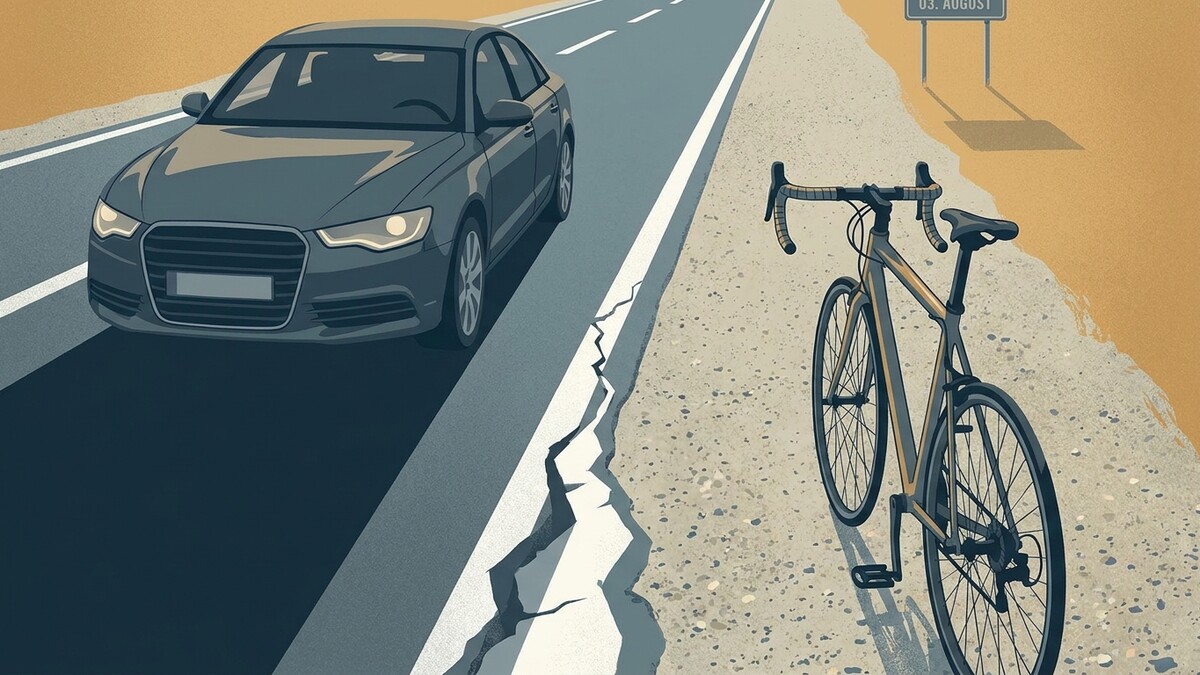 Fahrrad und Auto auf rissiger Straße mit Schild "03. AUGUST"