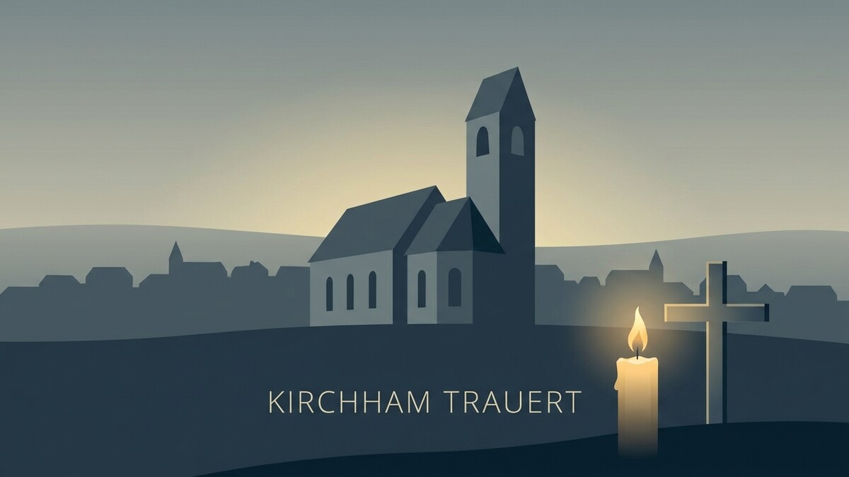 Kirchham trauert: Kirche, Kreuz und Kerze vor Silhouette von Kirchham