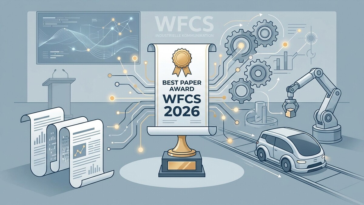 WFCS 2026 Best Paper Award Trophäe mit Roboterarm, Zahnrädern und Auto auf Förderband