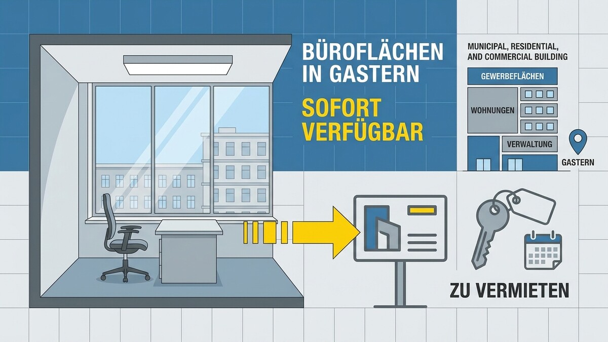 Büroräume Gastern: Schreibtisch mit Tablet, Schlüssel und Bürostuhl vor Fenster mit Gebäuden