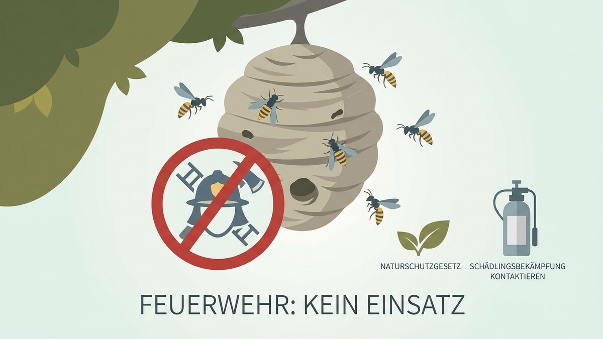 Wespen und Wespennest mit Verbotsschild Feuerwehr, Naturschutzgesetz und Schädlingsbekämpfungskontaktieren-Symbol