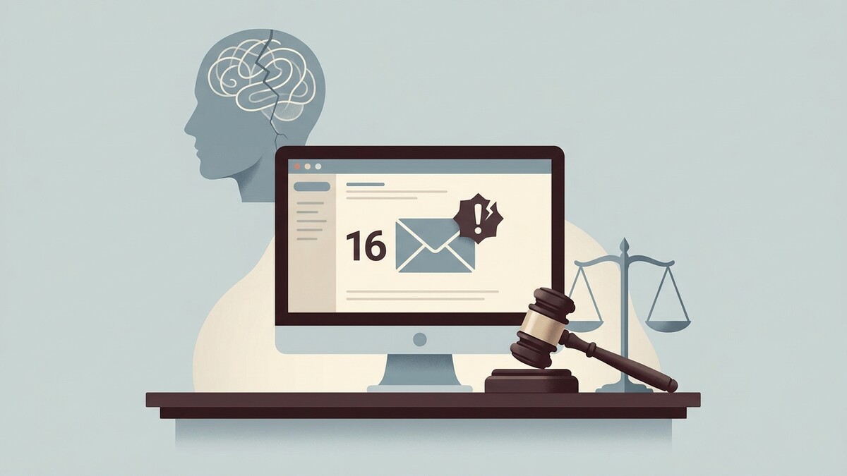 E-Mail-Recht: Computer mit 16 ungelesenen E-Mails, Waage und Hammer