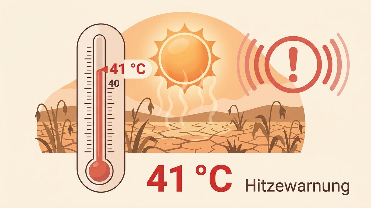 Hitzewarnung: Thermometer zeigt 41 Grad Celsius, Sonne, ausgetrockneter Boden, verdorrte Pflanzen.