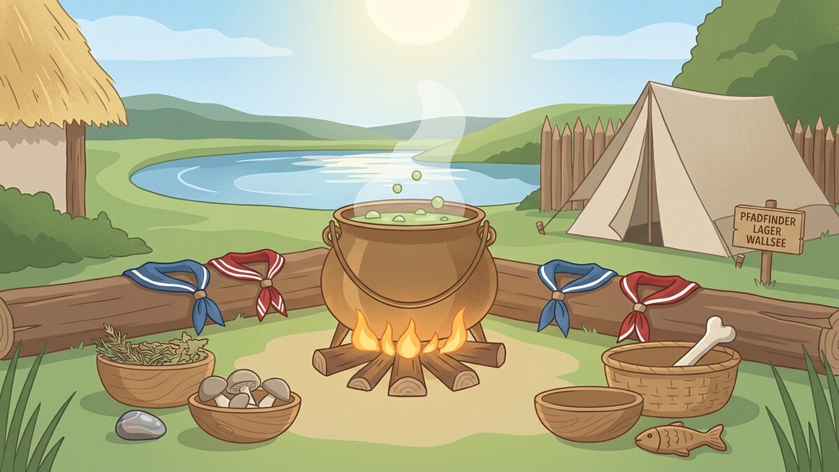 Pfadfinderlager Wallsee mit Kochkessel am Lagerfeuer, Zelt und See