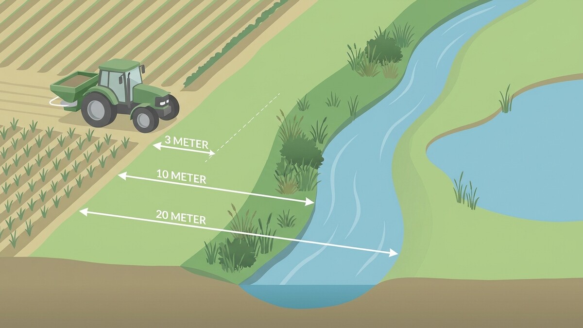 Traktor mit Düngerstreuer auf Feld nahe Fluss mit Markierungen für 3, 10 und 20 Meter Abstand
