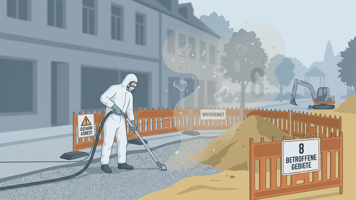 Asbestentsorgung: Arbeiter in Schutzanzug saugt kontaminierten Boden in einem Sperrgebiet.