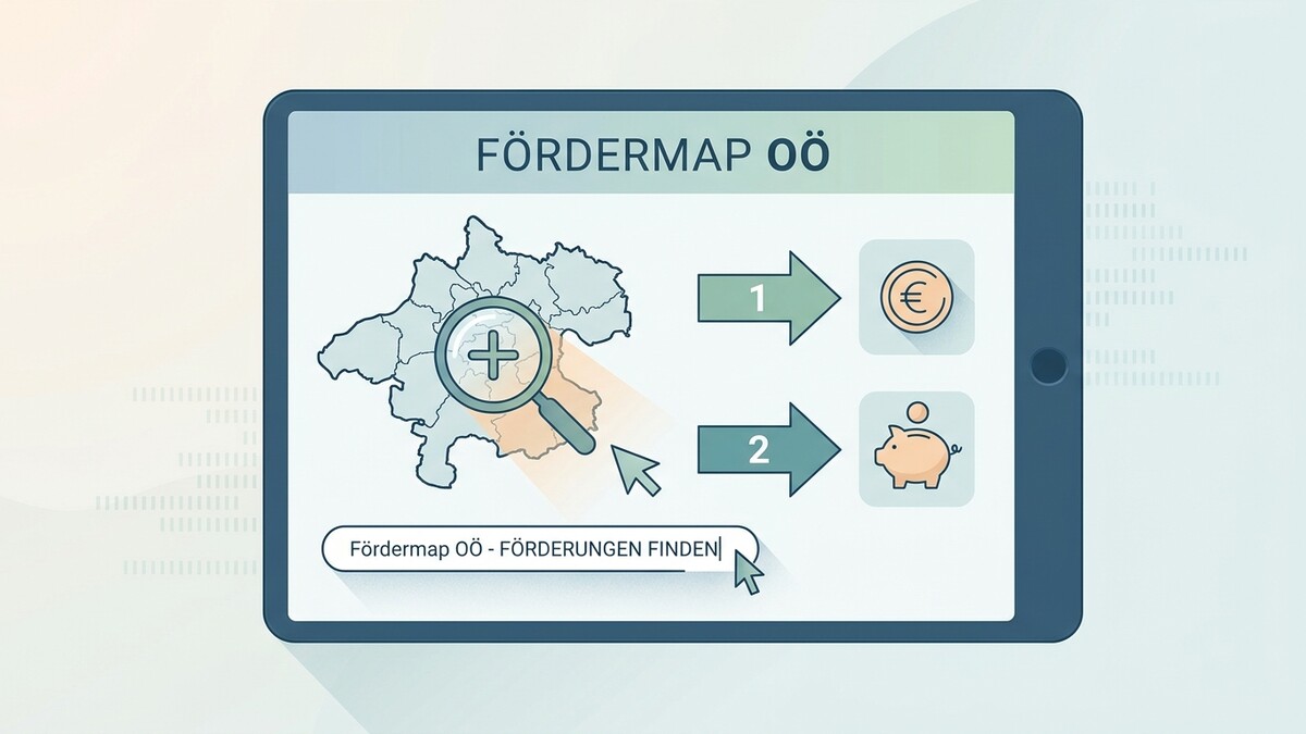 Fördermap OÖ: Lupe über Oberösterreich, Pfeile zu Euro-Münze und Sparschwein