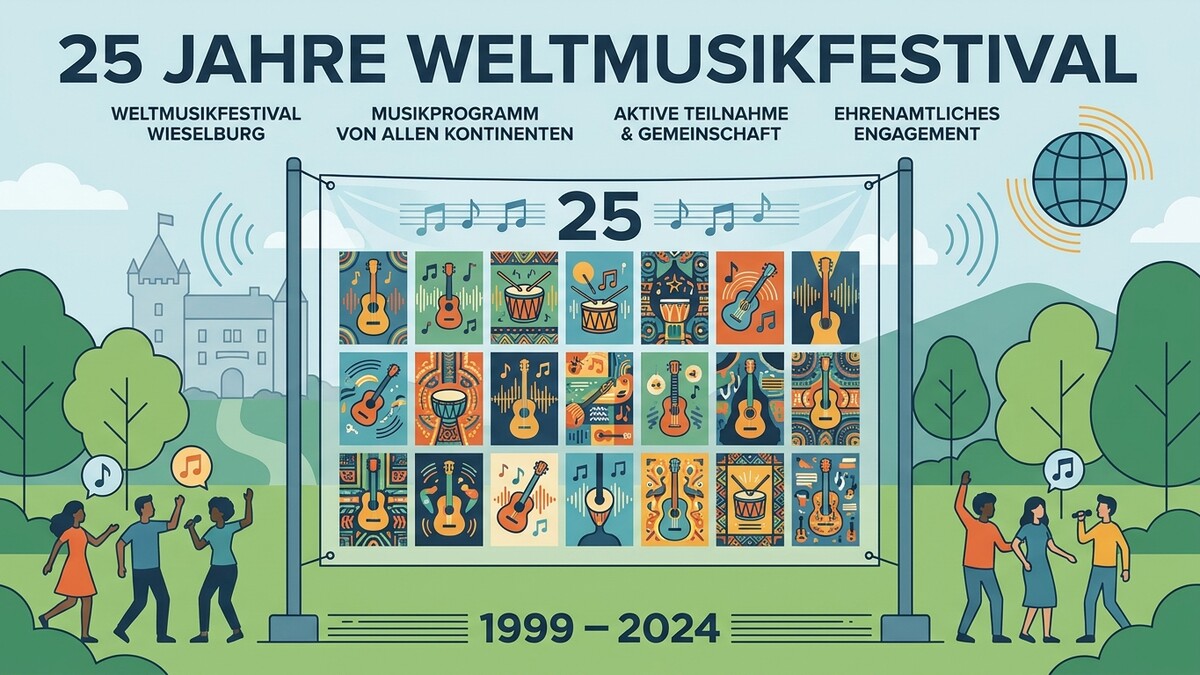 Weltmusikfestival Wieselburg feiert 25 Jahre mit bunten Instrumenten-Motiven und Musikern