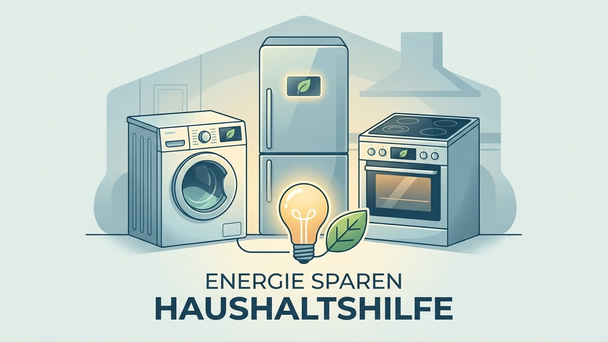 Energie sparen: Waschmaschine, Kühlschrank und Herd mit Glühbirne und Blatt
