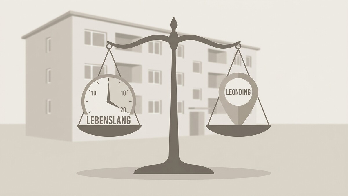 Waage mit Uhr und Ort "Leonding" vor einem Gebäude